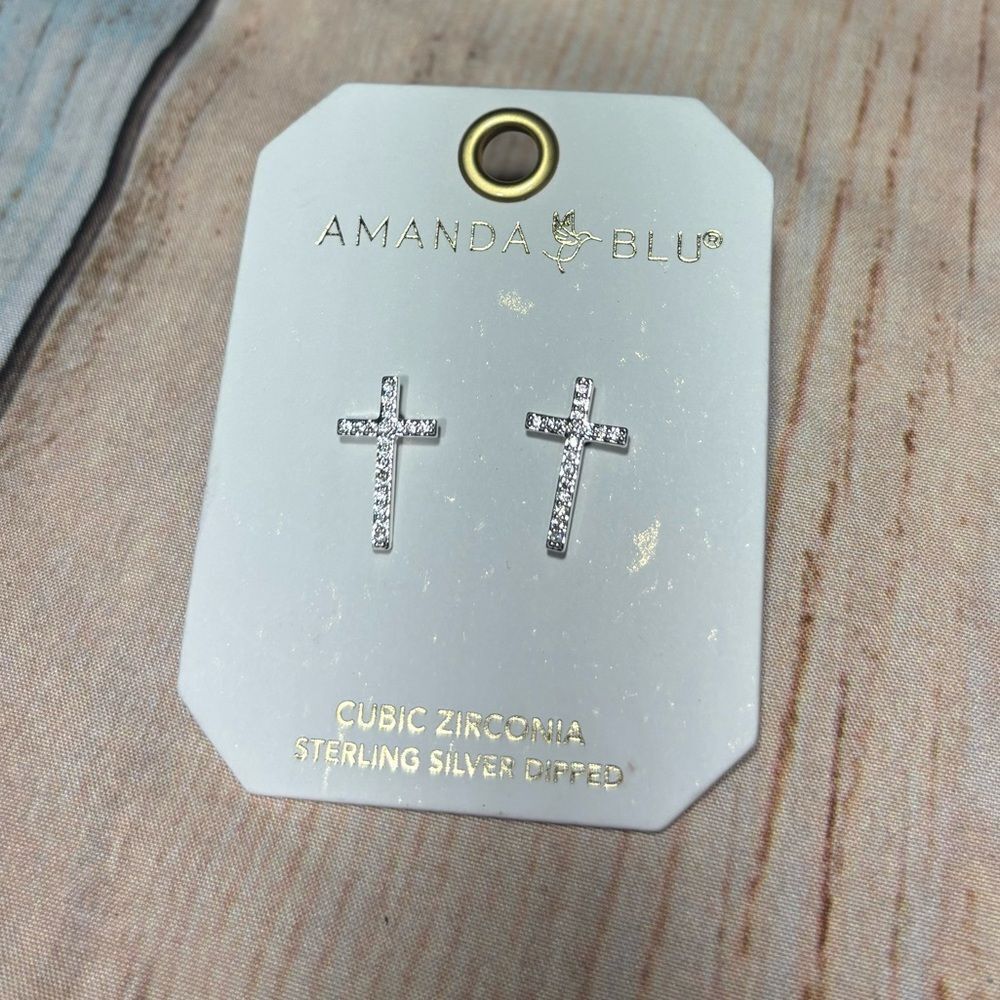 New Amanda Blu Cubic Zirconia Cross Stud Earrings - Silver